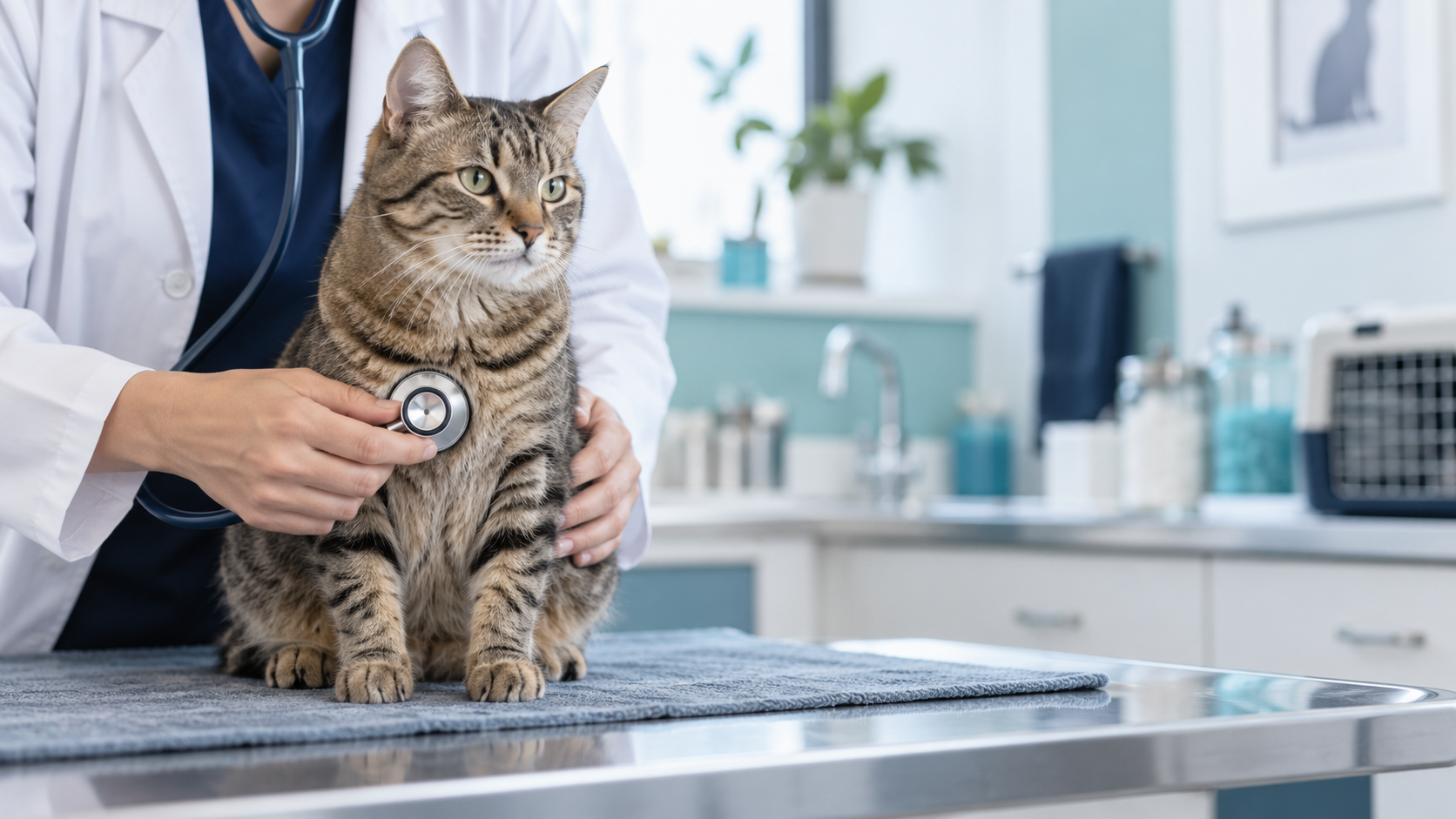 A veterinarian gently examining a tabby cat