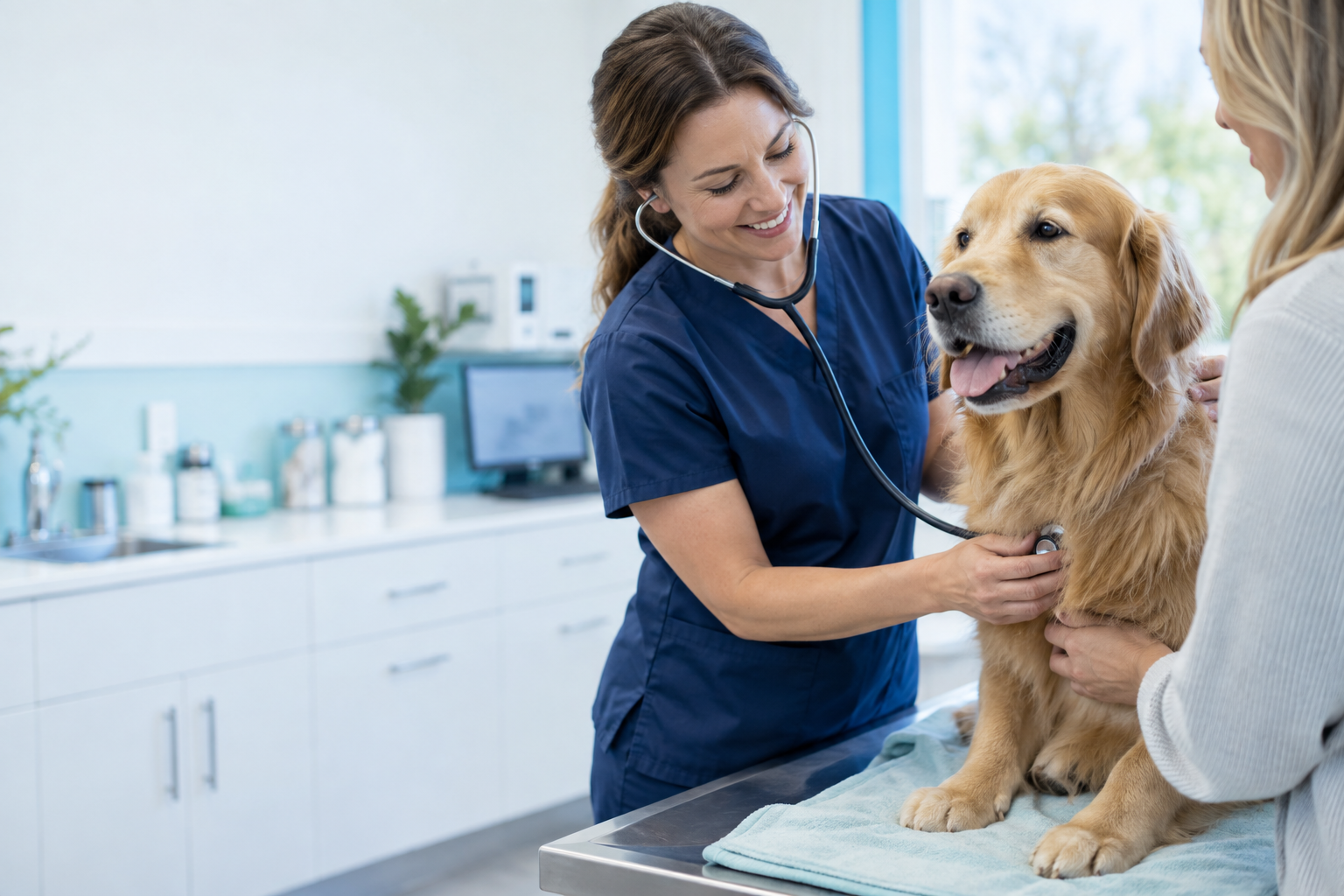 A veterinarian caring for a golden retriever